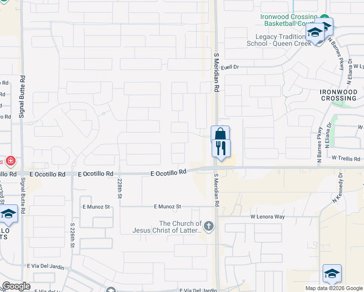 map of restaurants, bars, coffee shops, grocery stores, and more near 23019 East Rosa Road in Queen Creek