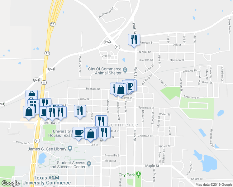 map of restaurants, bars, coffee shops, grocery stores, and more near 1213 Washington Street in Commerce