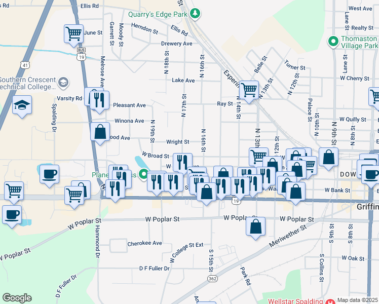 map of restaurants, bars, coffee shops, grocery stores, and more near 1025 West Broad Street in Griffin