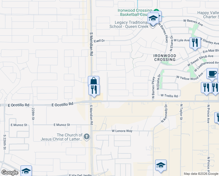 map of restaurants, bars, coffee shops, grocery stores, and more near 1576 West Birch Road in San Tan Valley