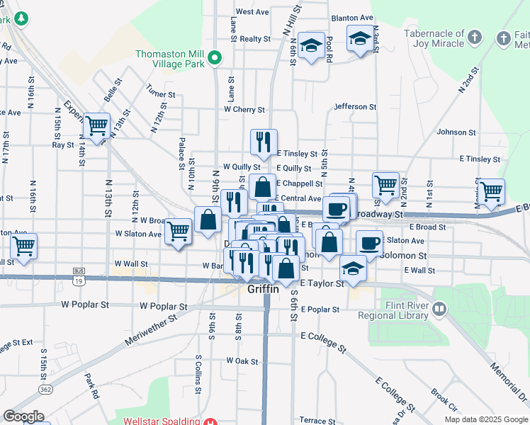 map of restaurants, bars, coffee shops, grocery stores, and more near 155 North Hill Street in Griffin
