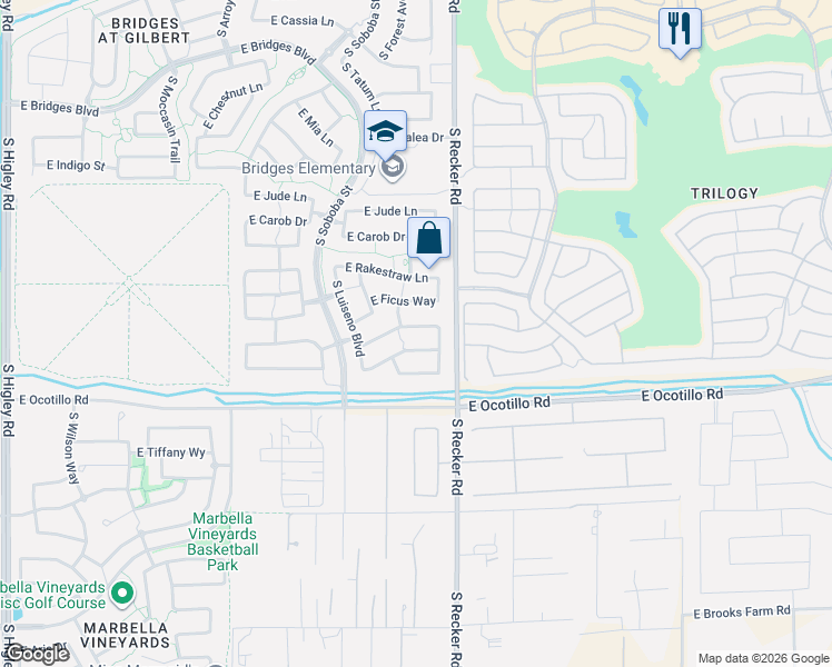 map of restaurants, bars, coffee shops, grocery stores, and more near 3914 East Sourwood Drive in Gilbert