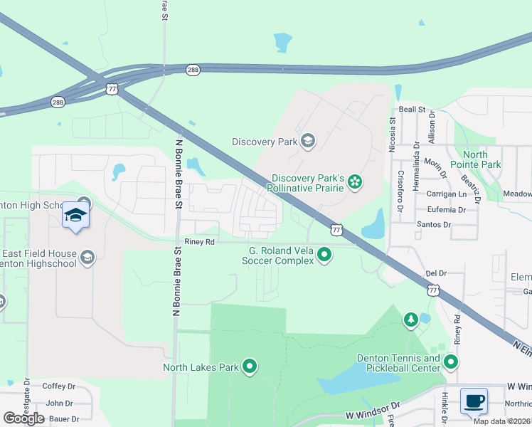 map of restaurants, bars, coffee shops, grocery stores, and more near 2217 Greystone Drive in Denton