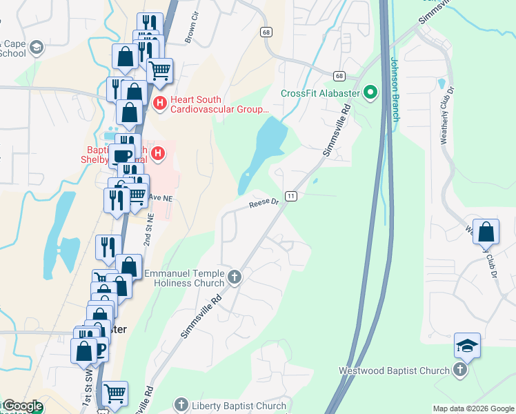 map of restaurants, bars, coffee shops, grocery stores, and more near 95 Reese Drive in Alabaster