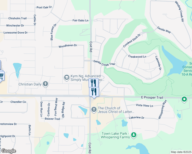 map of restaurants, bars, coffee shops, grocery stores, and more near 2550 Bendbrook Trail in Prosper