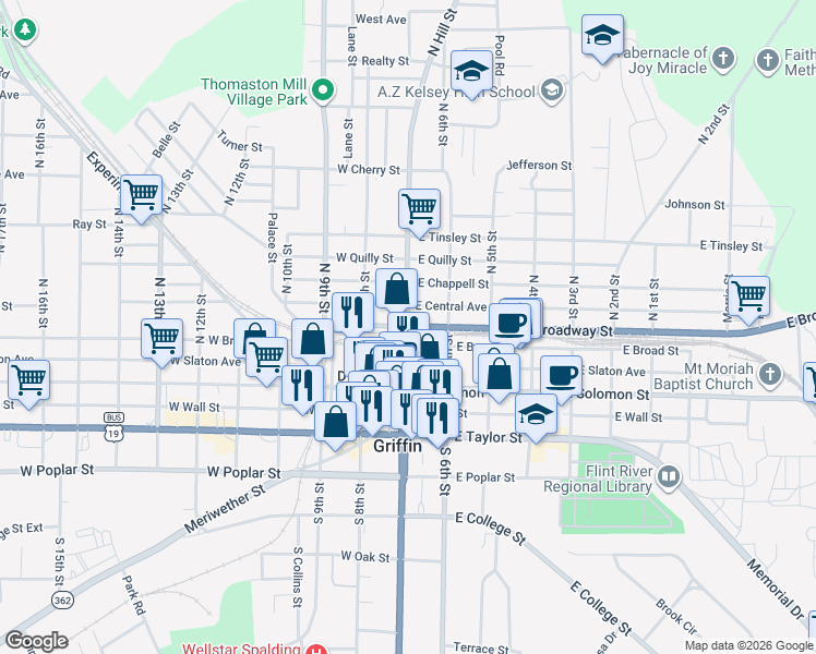 map of restaurants, bars, coffee shops, grocery stores, and more near 155 North Hill Street in Griffin