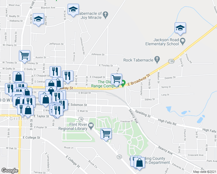 map of restaurants, bars, coffee shops, grocery stores, and more near 104 Morris Street in Griffin