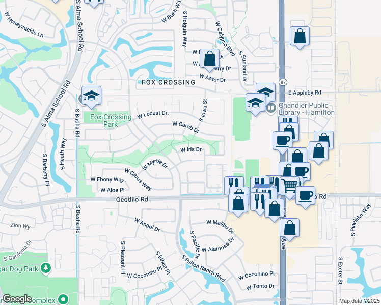 map of restaurants, bars, coffee shops, grocery stores, and more near 511 West Iris Drive in Chandler
