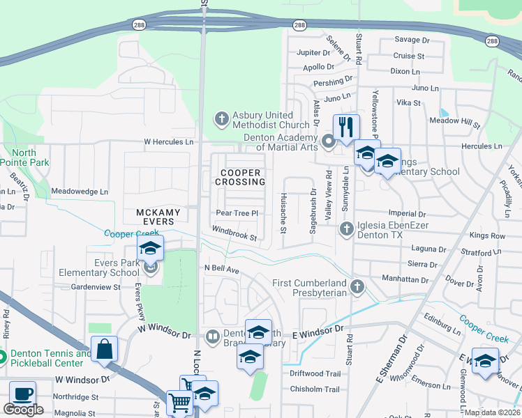 map of restaurants, bars, coffee shops, grocery stores, and more near 321 Pear Tree Place in Denton