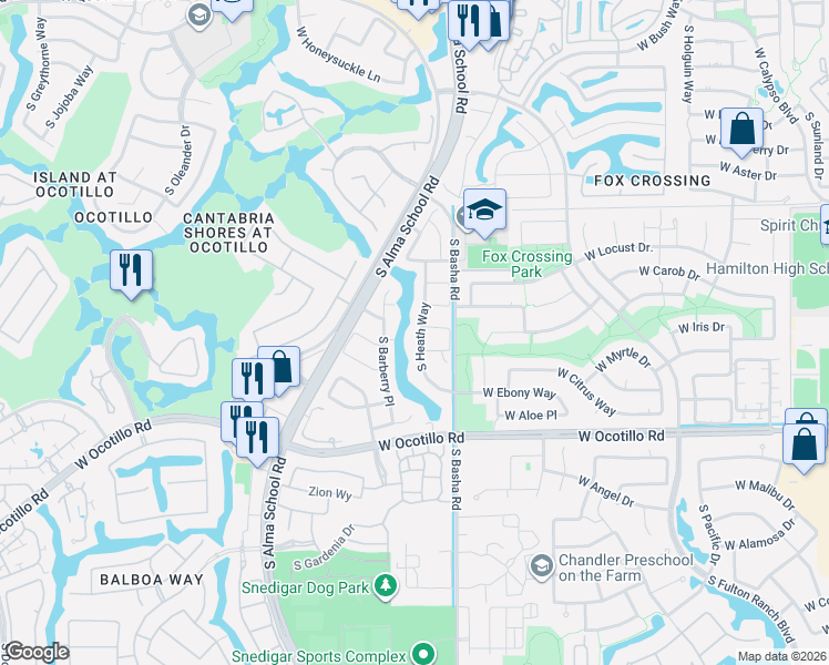 map of restaurants, bars, coffee shops, grocery stores, and more near 843 West Hemlock Way in Chandler