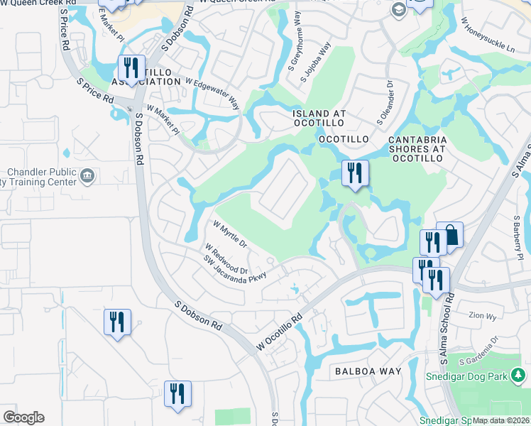 map of restaurants, bars, coffee shops, grocery stores, and more near 2001 West Hemlock Way in Chandler