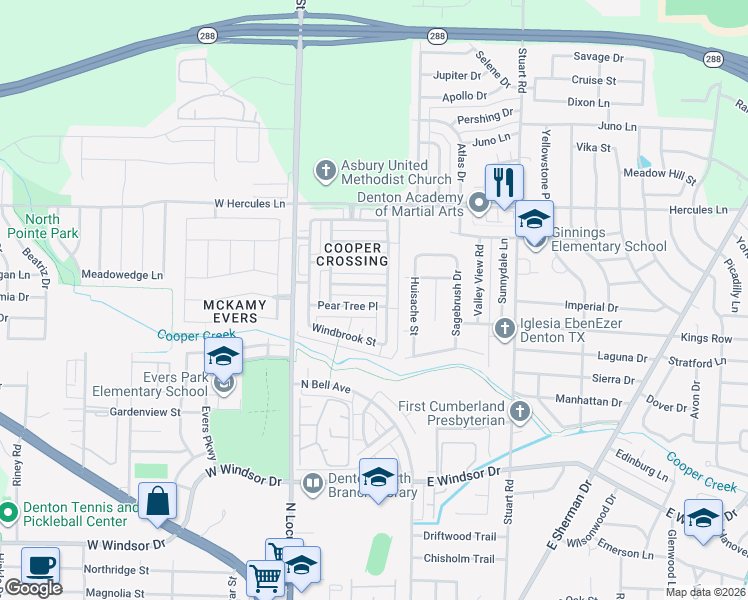 map of restaurants, bars, coffee shops, grocery stores, and more near 321 Pear Tree Place in Denton