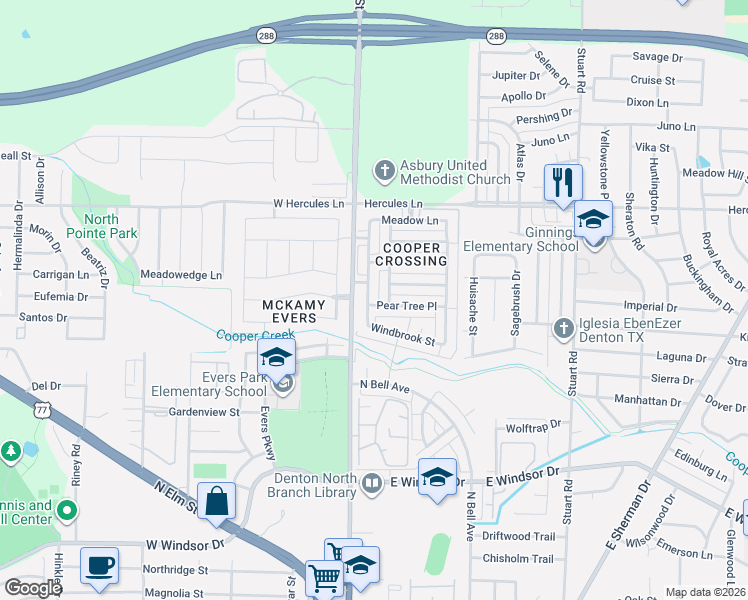 map of restaurants, bars, coffee shops, grocery stores, and more near 100 Pear Tree Place in Denton