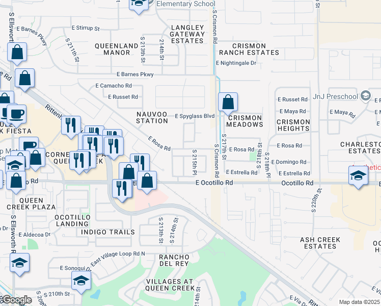 map of restaurants, bars, coffee shops, grocery stores, and more near 21504 East Domingo Road in Queen Creek