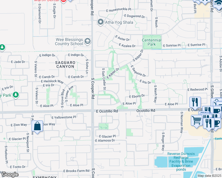 map of restaurants, bars, coffee shops, grocery stores, and more near 2162 East Redwood Drive in Chandler