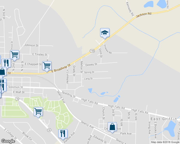 map of restaurants, bars, coffee shops, grocery stores, and more near 243 Spring Street in Griffin
