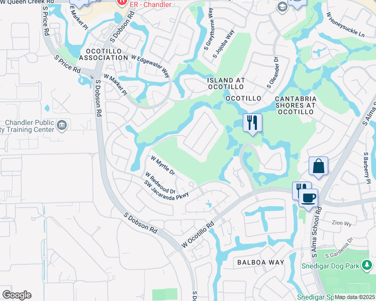 map of restaurants, bars, coffee shops, grocery stores, and more near 2001 West Hemlock Way in Chandler