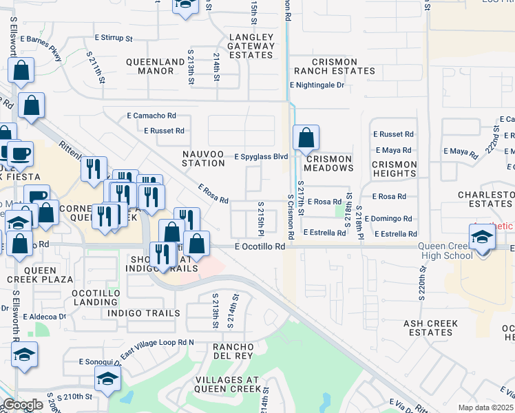 map of restaurants, bars, coffee shops, grocery stores, and more near 21504 East Domingo Road in Queen Creek