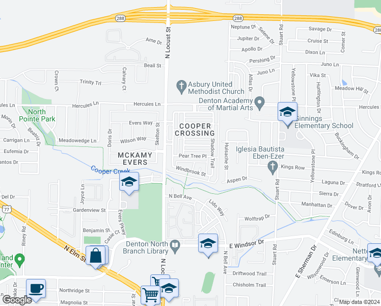 map of restaurants, bars, coffee shops, grocery stores, and more near 209 Pear Tree Place in Denton