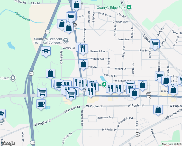 map of restaurants, bars, coffee shops, grocery stores, and more near 202 Hillside Circle in Griffin