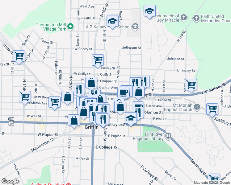 map of restaurants, bars, coffee shops, grocery stores, and more near 233 East Broadway Street in Griffin