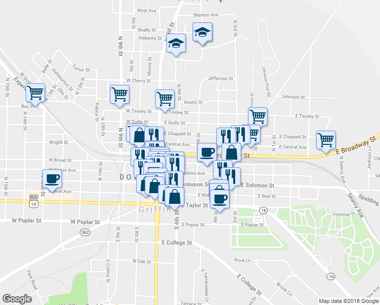 map of restaurants, bars, coffee shops, grocery stores, and more near 223 East Broadway Street in Griffin