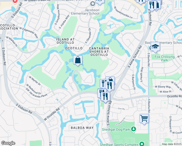 map of restaurants, bars, coffee shops, grocery stores, and more near 3800 South Cantabria Circle in Chandler