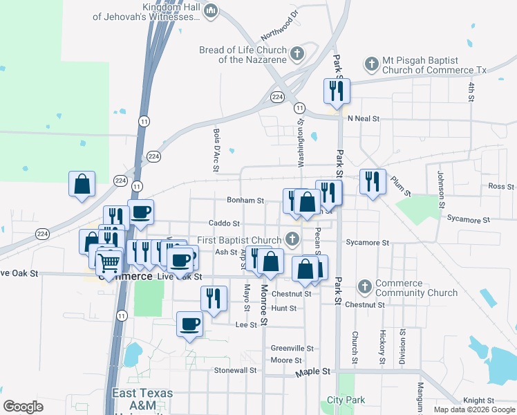 map of restaurants, bars, coffee shops, grocery stores, and more near 1210 Monroe Street in Commerce