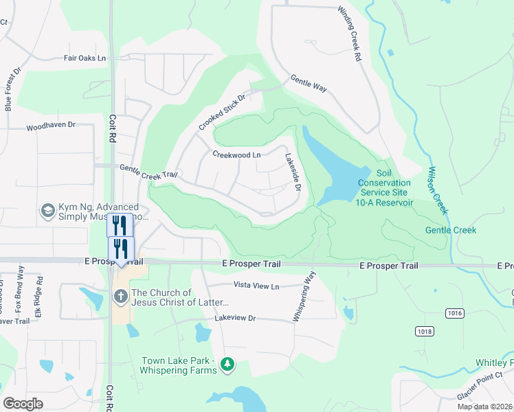 map of restaurants, bars, coffee shops, grocery stores, and more near 2991 Gentle Creek Trail in Prosper
