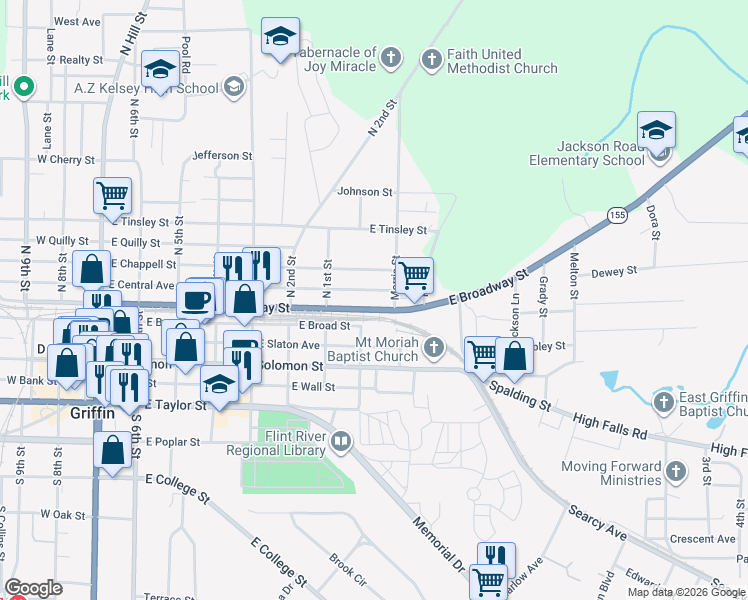 map of restaurants, bars, coffee shops, grocery stores, and more near 747 East Broadway Street in Griffin