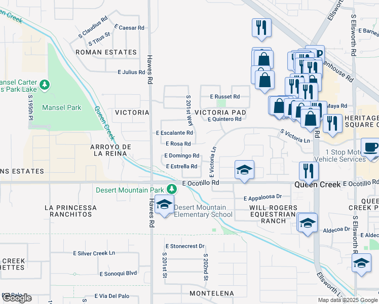 map of restaurants, bars, coffee shops, grocery stores, and more near 20187 East Domingo Road in Queen Creek