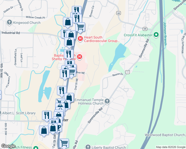map of restaurants, bars, coffee shops, grocery stores, and more near 739 3rd Street Northeast in Alabaster