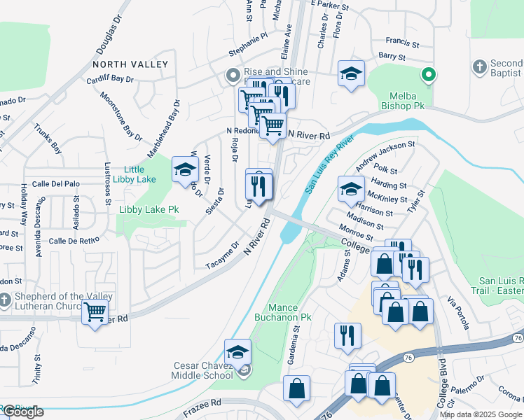 map of restaurants, bars, coffee shops, grocery stores, and more near 4904 North River Road in Oceanside