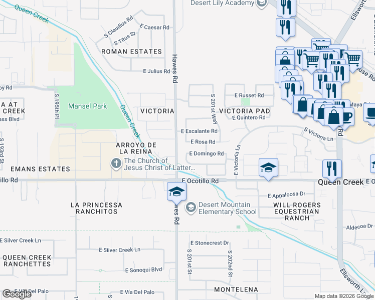 map of restaurants, bars, coffee shops, grocery stores, and more near 20040 East Domingo Road in Queen Creek