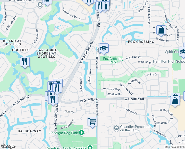 map of restaurants, bars, coffee shops, grocery stores, and more near in Chandler
