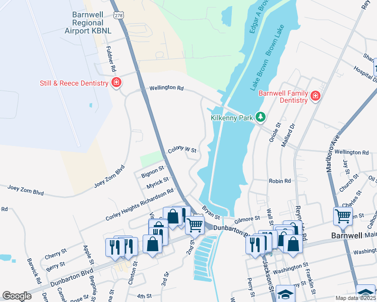 map of restaurants, bars, coffee shops, grocery stores, and more near 42 Colony West Lane in Barnwell