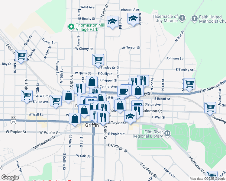 map of restaurants, bars, coffee shops, grocery stores, and more near 223 East Broadway Street in Griffin