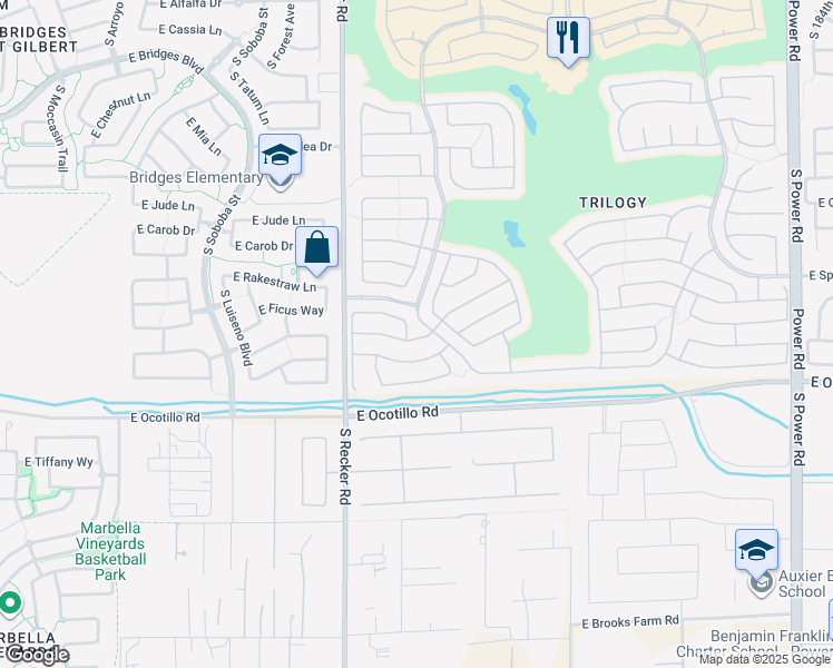 map of restaurants, bars, coffee shops, grocery stores, and more near 4121 East Narrowleaf Drive in Gilbert