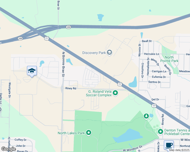 map of restaurants, bars, coffee shops, grocery stores, and more near 2217 Greystone Drive in Denton