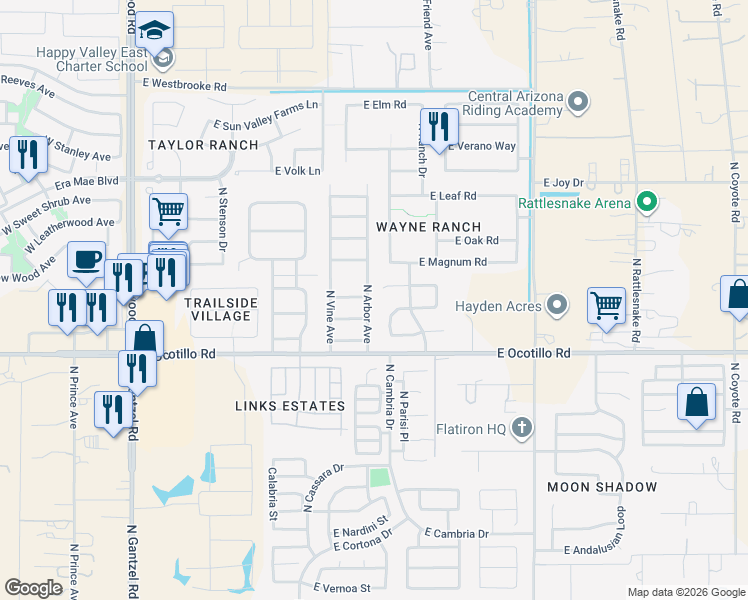 map of restaurants, bars, coffee shops, grocery stores, and more near 40939 North Arbor Avenue in San Tan Valley