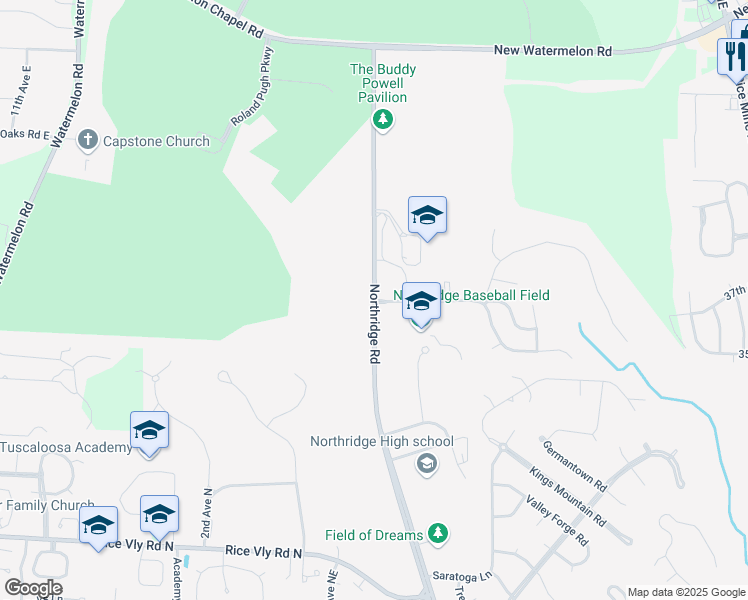 map of restaurants, bars, coffee shops, grocery stores, and more near 2801 Northridge Road in Tuscaloosa