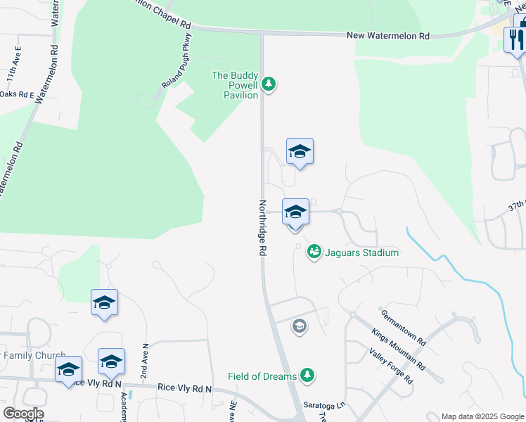 map of restaurants, bars, coffee shops, grocery stores, and more near 2801 Northridge Road in Tuscaloosa