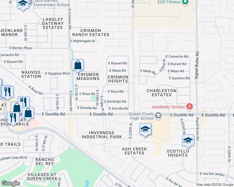 map of restaurants, bars, coffee shops, grocery stores, and more near 21949 East Rosa Road in Queen Creek