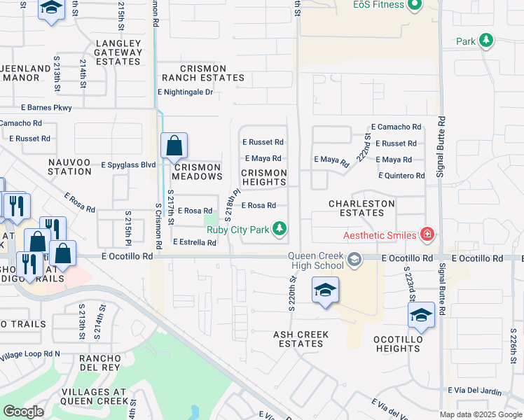 map of restaurants, bars, coffee shops, grocery stores, and more near 21949 East Rosa Road in Queen Creek