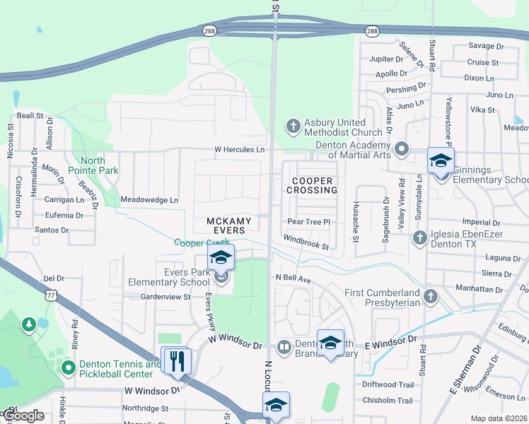 map of restaurants, bars, coffee shops, grocery stores, and more near 101 McKamy Boulevard in Denton