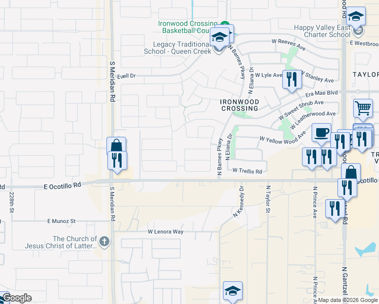 map of restaurants, bars, coffee shops, grocery stores, and more near 1182 West Date Road in San Tan Valley