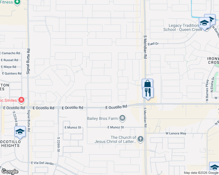 map of restaurants, bars, coffee shops, grocery stores, and more near 22957 East Rosa Road in Queen Creek