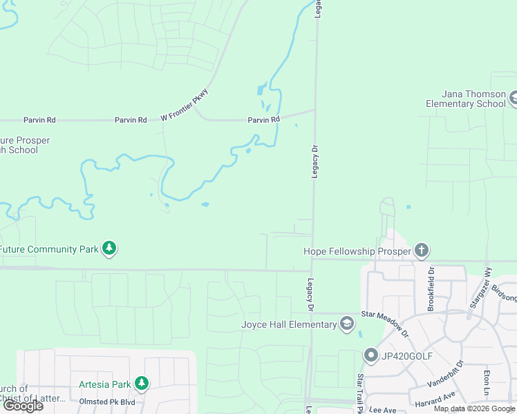 map of restaurants, bars, coffee shops, grocery stores, and more near 17043 Prosper Road in Prosper