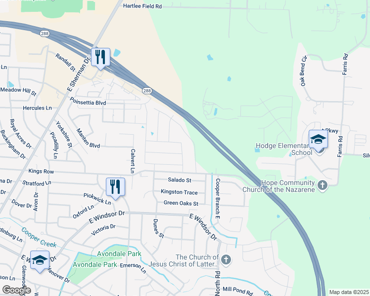 map of restaurants, bars, coffee shops, grocery stores, and more near 3817 Forest Bend Road in Denton