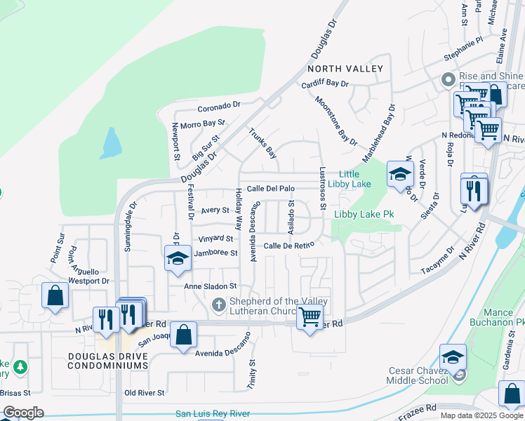 map of restaurants, bars, coffee shops, grocery stores, and more near 268 Securidad Street in Oceanside